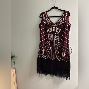 Embellished Burgundy Fringe Mini Dress - Evening Party